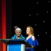 Donna Brooks introducing Sylvia Kaufman at the Enrichment program.